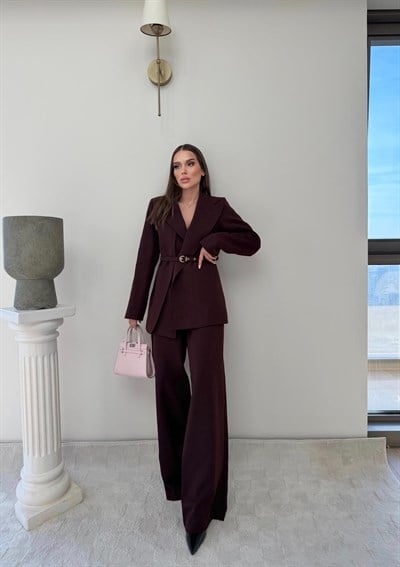 İnce Kemer Detay Blazer Ceket Ve Pantolonlu Kumaş Takım Mürdüm 2067