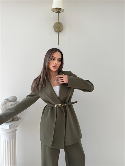 İnce Kemer Detay Blazer Ceket Ve Pantolonlu Kumaş Takım Haki 2067