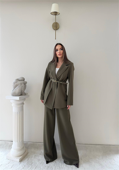 İnce Kemer Detay Blazer Ceket Ve Pantolonlu Kumaş Takım Haki 2067