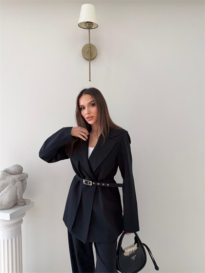 İnce Kemer Detay Blazer Ceket Ve Pantolonlu Kumaş Takım Siyah 2067