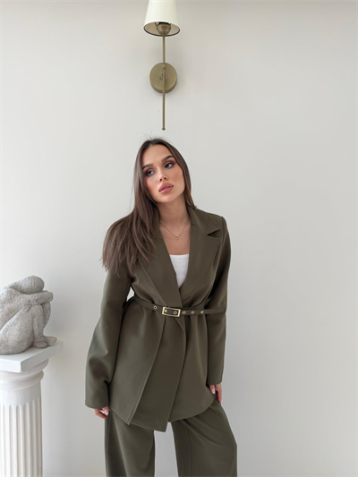 İnce Kemer Detay Blazer Ceket Ve Pantolonlu Kumaş Takım Haki 2067