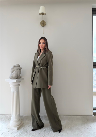 İnce Kemer Detay Blazer Ceket Ve Pantolonlu Kumaş Takım Haki 2067