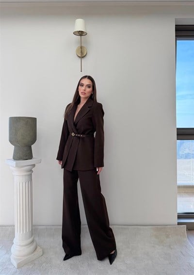İnce Kemer Detay Blazer Ceket Ve Pantolonlu Kumaş Takım Acı Kahve 2067