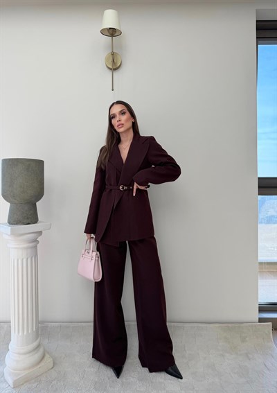 İnce Kemer Detay Blazer Ceket Ve Pantolonlu Kumaş Takım Mürdüm 2067