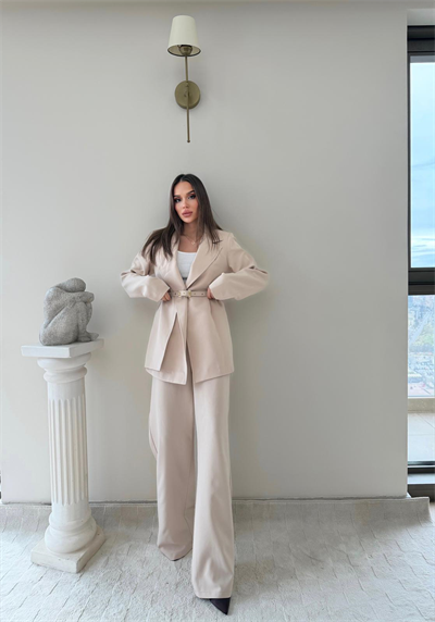 İnce Kemer Detay Blazer Ceket Ve Pantolonlu Kumaş Takım Bej 2067