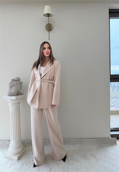 İnce Kemer Detay Blazer Ceket Ve Pantolonlu Kumaş Takım Bej 2067