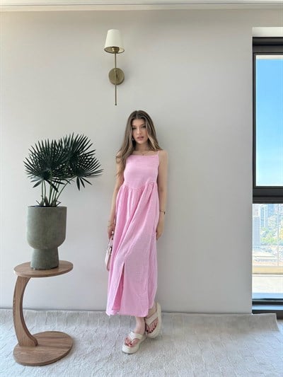 İp Askı Ayarlı Sırt Gipe Detay İç Astarlı Uzun Keten Elbise Pembe 2296