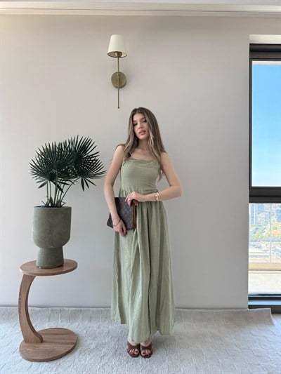 İp Askı Ayarlı Sırt Gipe Detay İç Astarlı Uzun Keten Elbise Yeşil 2296
