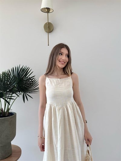 İp Askı Ayarlı Sırt Gipe Detay İç Astarlı Uzun Keten Elbise Açık Bej 2296