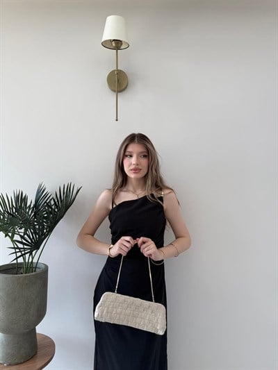 İp Askılı Aksesuar Detay Bel Drape Yırtmaçlı Astarlı Keten Elbise Siyah 2244