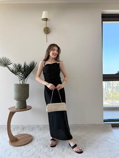 İp Askılı Aksesuar Detay Bel Drape Yırtmaçlı Astarlı Keten Elbise Siyah 2244