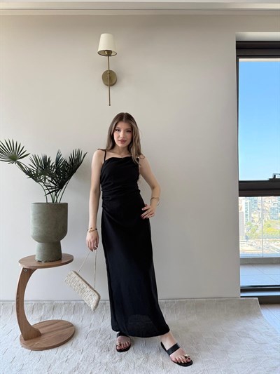 İp Askılı Aksesuar Detay Bel Drape Yırtmaçlı Astarlı Keten Elbise Siyah 2244