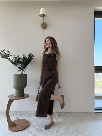 İp Askılı Aksesuar Detay Bel Drape Yırtmaçlı Astarlı Keten Elbise Kahve 2244