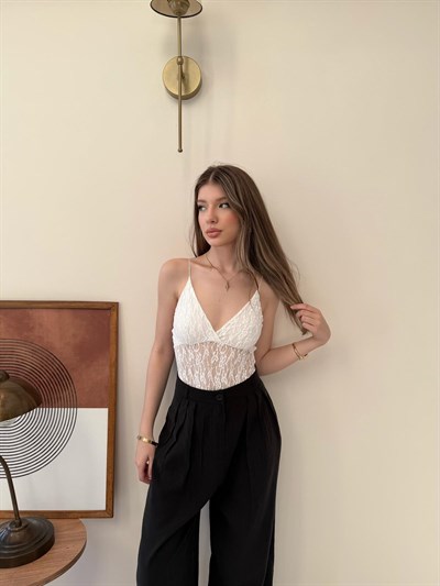 İp Askılı Dantel Detay Bodysuit Beyaz 2136