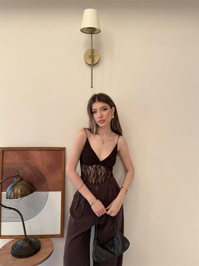 İp Askılı Dantel Detay Bodysuit Kahve 2136