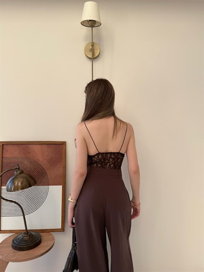 İp Askılı Dantel Detay Bodysuit Kahve 2136