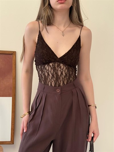 İp Askılı Dantel Detay Bodysuit Kahve 2136