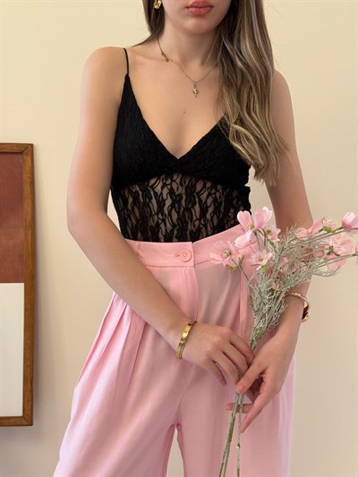 İp Askılı Dantel Detay Bodysuit Siyah 2136
