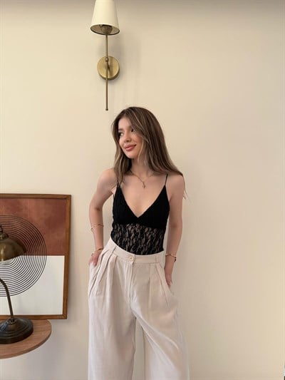 İp Askılı Dantel Detay Bodysuit Siyah 2136