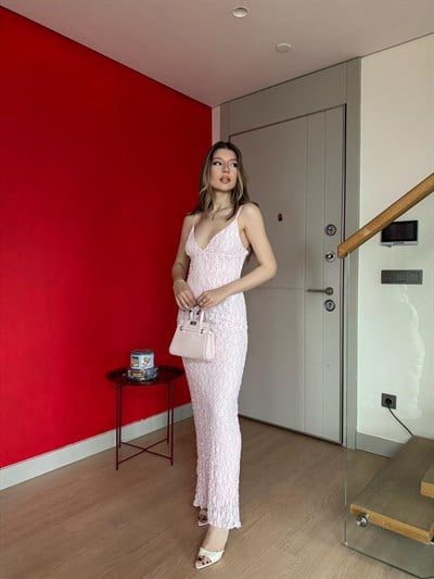 İp Askılı Dantel Detay İç Astarlı Uzun Kalem Elbise Pembe 2189