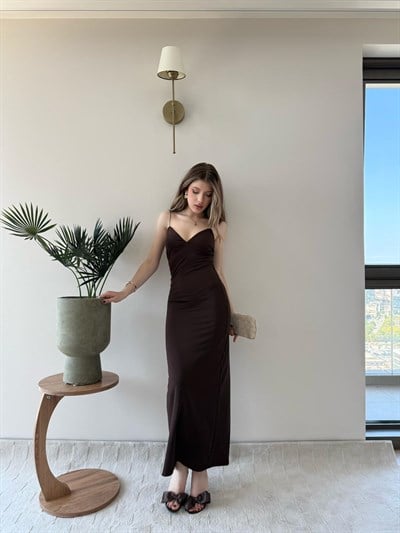 İp Askılı Kalem Elbise Acı Kahve 2232