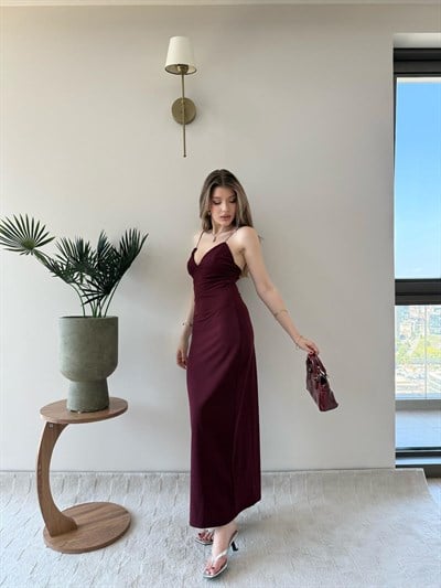 İp Askılı Kalem Elbise Bordo 2232