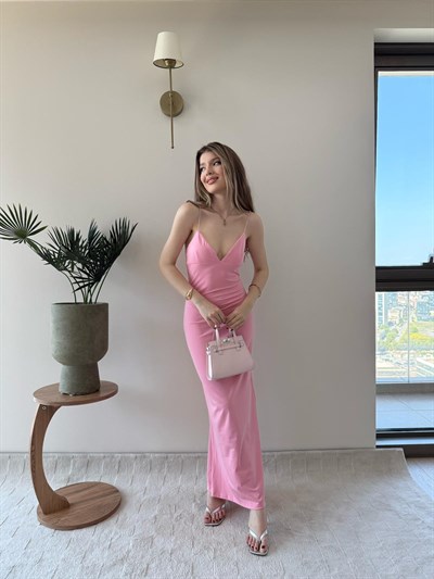 İp Askılı Kalem Elbise Pembe 2232