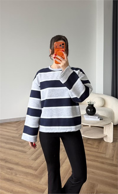 İspanyol Kol Çizgili 3 İplik Sweat Gri Lacivert 2507