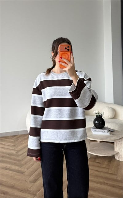 İspanyol Kol Çizgili 3 İplik Sweat Gri Kahve 2507