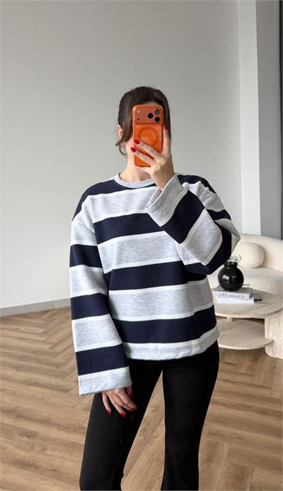 İspanyol Kol Çizgili 3 İplik Sweat Gri Lacivert 2507