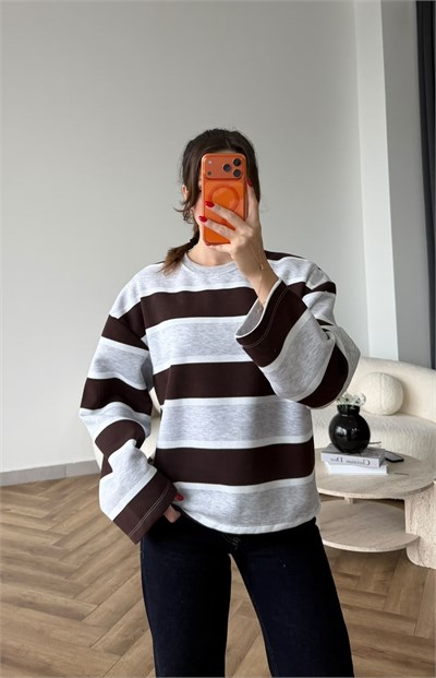 İspanyol Kol Çizgili 3 İplik Sweat Gri Kahve 2507