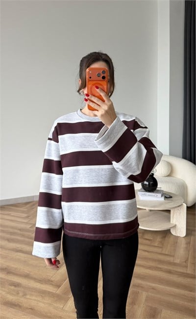İspanyol Kol Çizgili 3 İplik Sweat Gri Bordo 2507