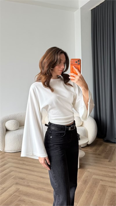 İspanyol Kol Detay Bel Drape Modal Bluz Beyaz 2446