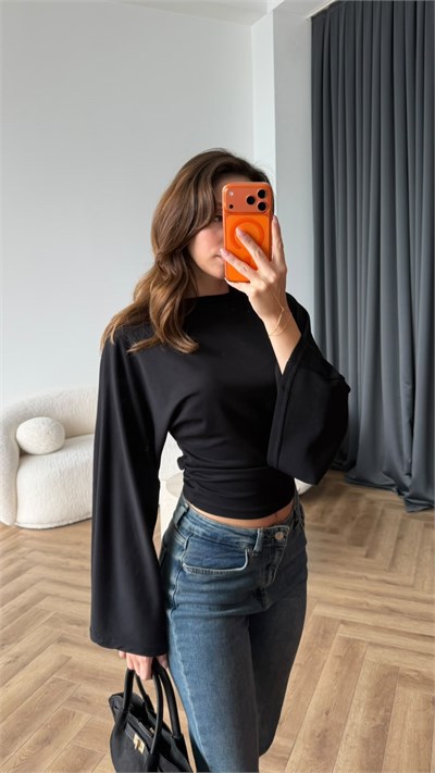 İspanyol Kol Detay Bel Drape Modal Bluz Siyah 2446