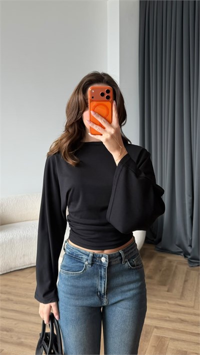 İspanyol Kol Detay Bel Drape Modal Bluz Siyah 2446