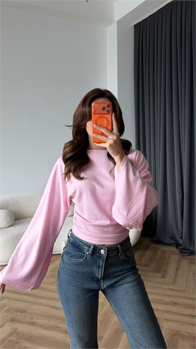 İspanyol Kol Detay Bel Drape Modal Bluz Pembe 2446