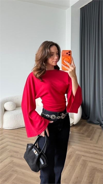 İspanyol Kol Detay Bel Drape Modal Bluz Kırmızı 2446