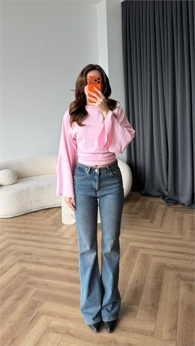 İspanyol Kol Detay Bel Drape Modal Bluz Pembe 2446