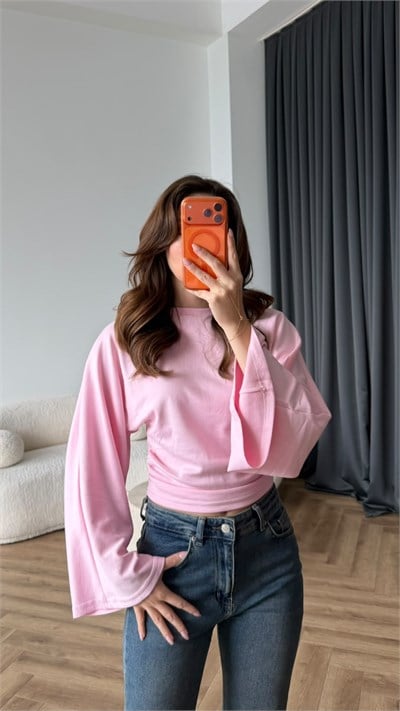 İspanyol Kol Detay Bel Drape Modal Bluz Pembe 2446