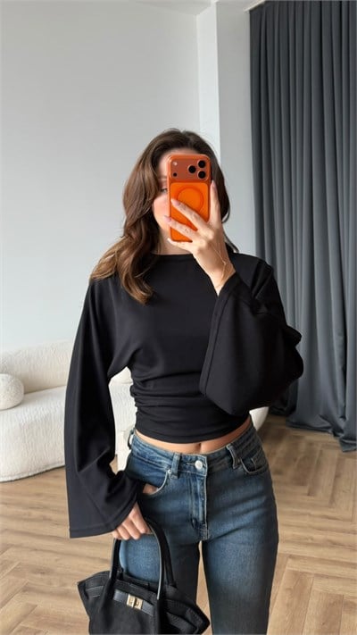 İspanyol Kol Detay Bel Drape Modal Bluz Siyah 2446