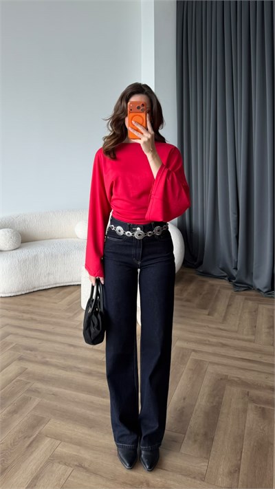 İspanyol Kol Detay Bel Drape Modal Bluz Kırmızı 2446
