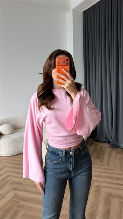 İspanyol Kol Detay Bel Drape Modal Bluz Pembe 2446