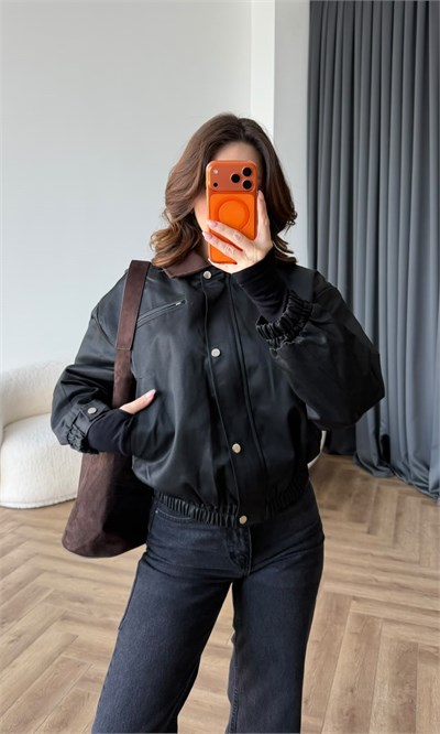 Kadife Yaka Detay Çıtçıtlı Burberry Kumaş Bomber Ceket Siyah 2489