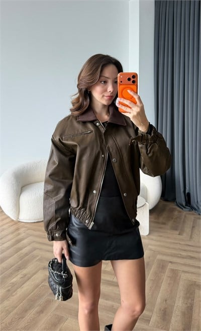 Kadife Yaka Detay Çıtçıtlı Burberry Kumaş Bomber Ceket Taba 2489