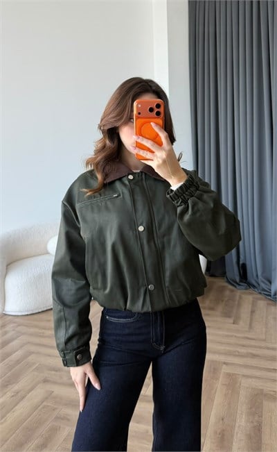 Kadife Yaka Detay Çıtçıtlı Burberry Kumaş Bomber Ceket Yeşil 2489