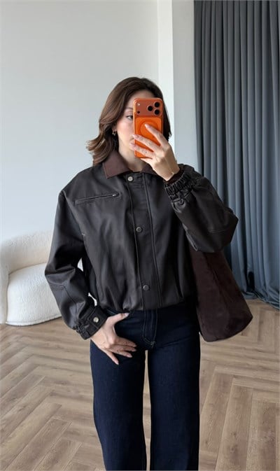 Kadife Yaka Detay Çıtçıtlı Burberry Kumaş Bomber Ceket Kahve 2489