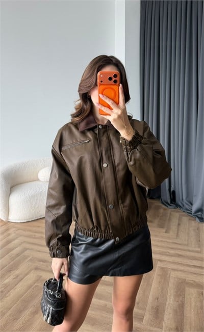 Kadife Yaka Detay Çıtçıtlı Burberry Kumaş Bomber Ceket Taba 2489
