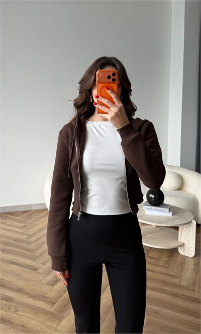 Kapişonlu Bel Korse Detay 3 İplik Hırka Kahve 2492