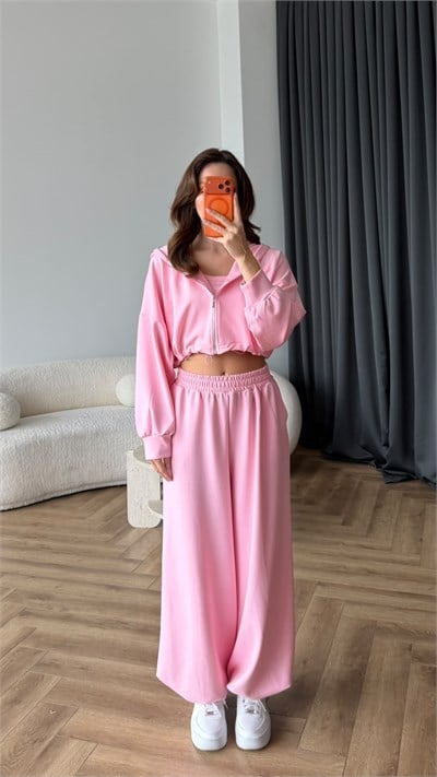 Kapişonlu Büzgü Detay Hırka Atlet Ve Pantolonlu Modal 3lü Takım Pembe 2447