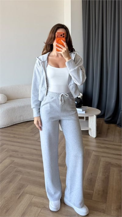 Kapişonlu Hırka ve Pantolonlu Selanik Kumaş İkili Takım Gri 2426